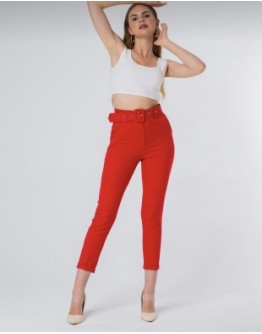 Kırmızı kemerli yüksek bel kumaş pantolon
