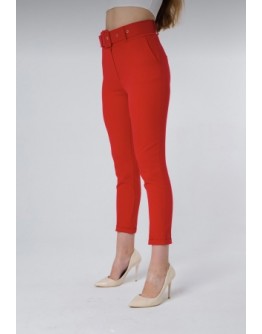 Kırmızı kemerli yüksek bel kumaş pantolon