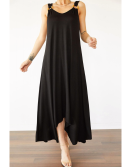 Siyah halka detaylı asimetrik kesim bayan elbise 