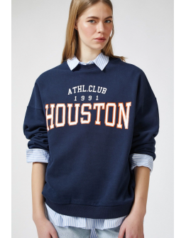  Kadın lacivert  Houston Baskılı Oversize Sweatshirt 