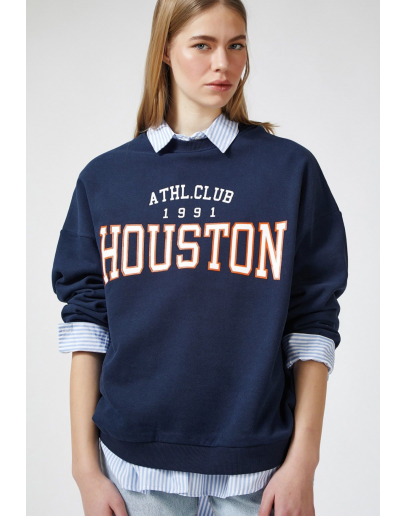  Kadın lacivert  Houston Baskılı Oversize Sweatshirt  Series