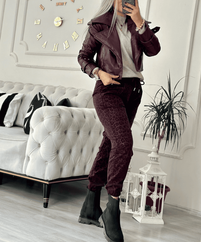 Leopar Desenli Bordo Deri Pantolon