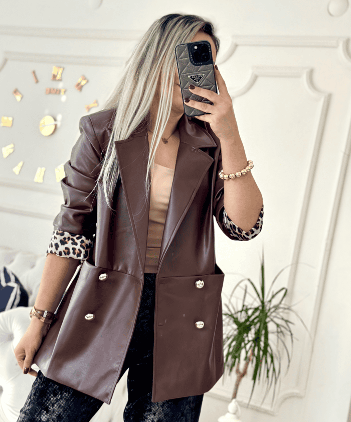 Alternative view of Leopar Astar Detaylı Cepli Deri Ceket