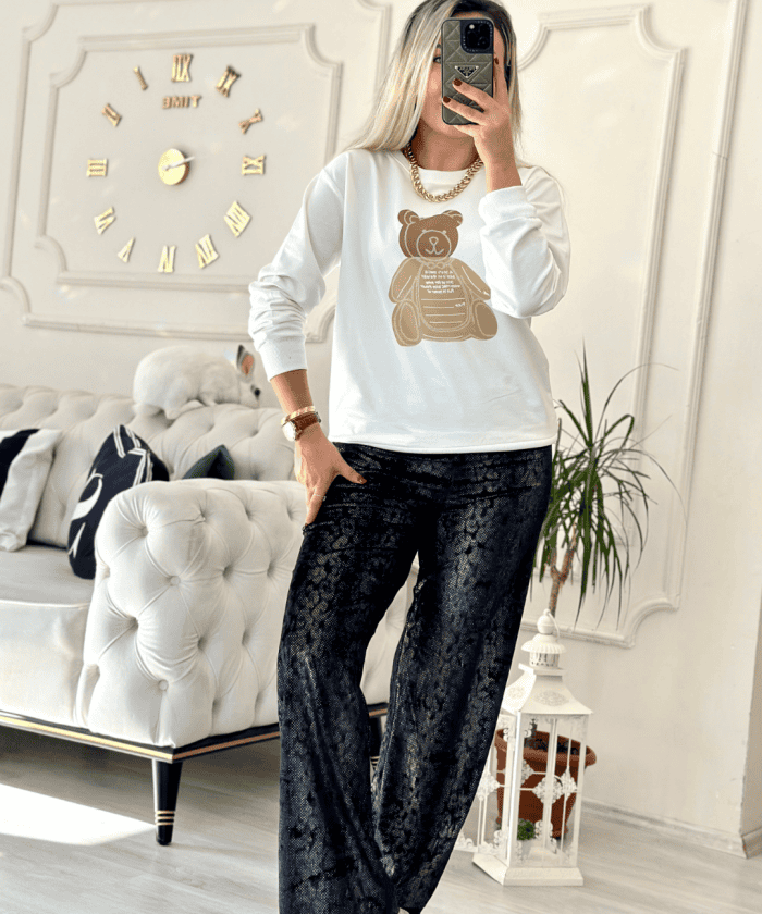 Leopar Detaylı Garnili Kadife Pantolon