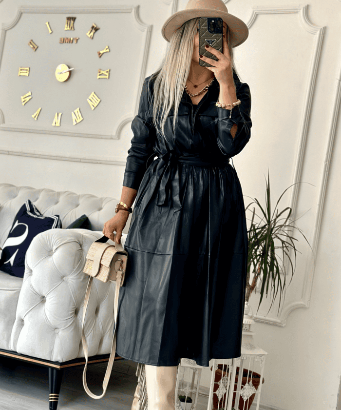 Önü Cepli Kuşak Detaylı Uzun Deri Elbise