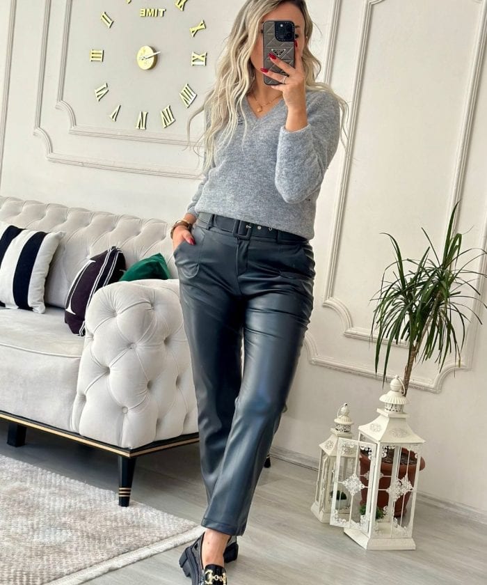 Kemer Detaylı Deri Pantolon