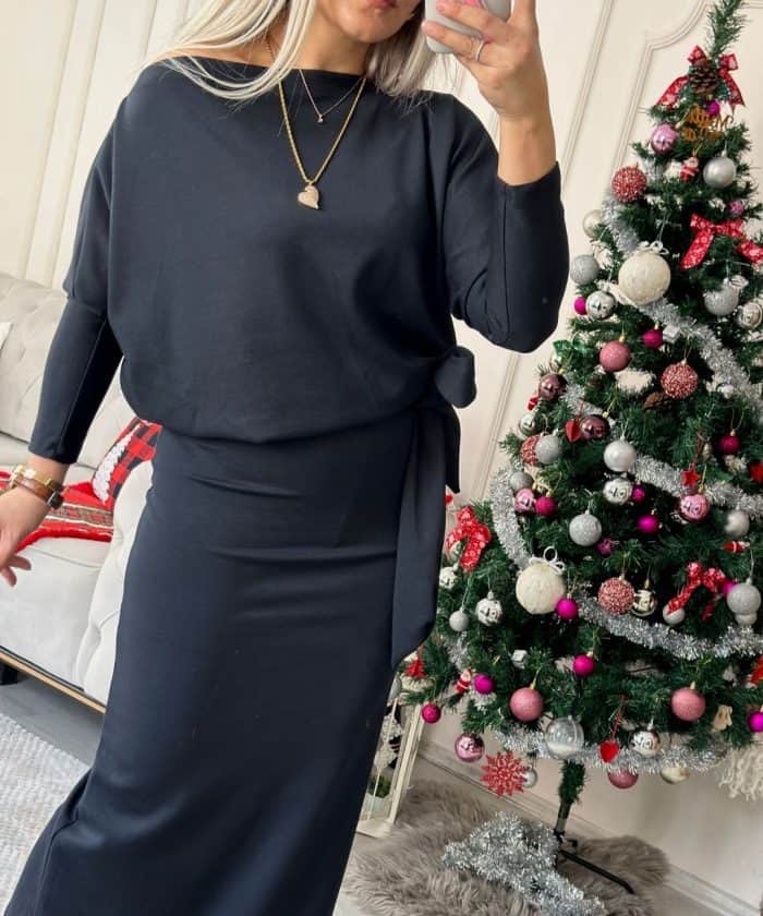 Alternative view of Scuba Kumaş Siyah Kuşak Detaylı Kayık Yaka Elbise