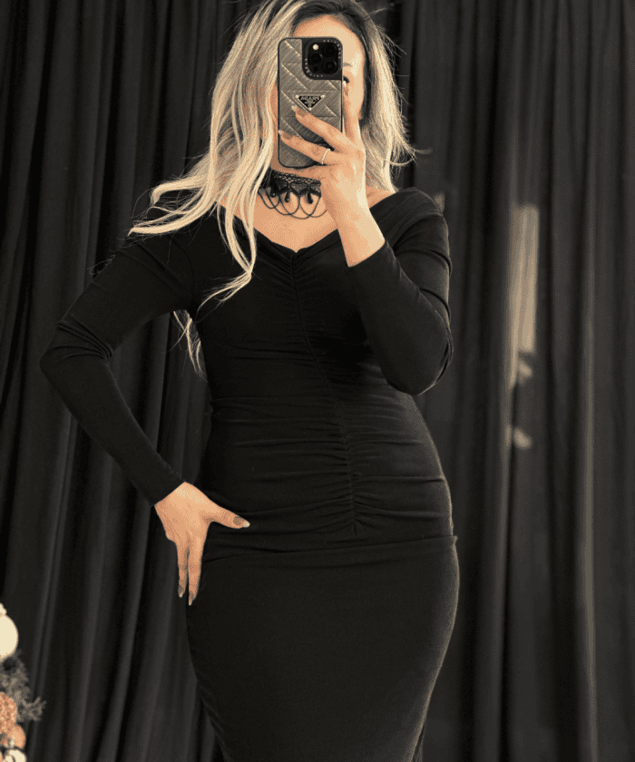 Prensen Yaka Drape Detaylı Esnek Buzi Elbise