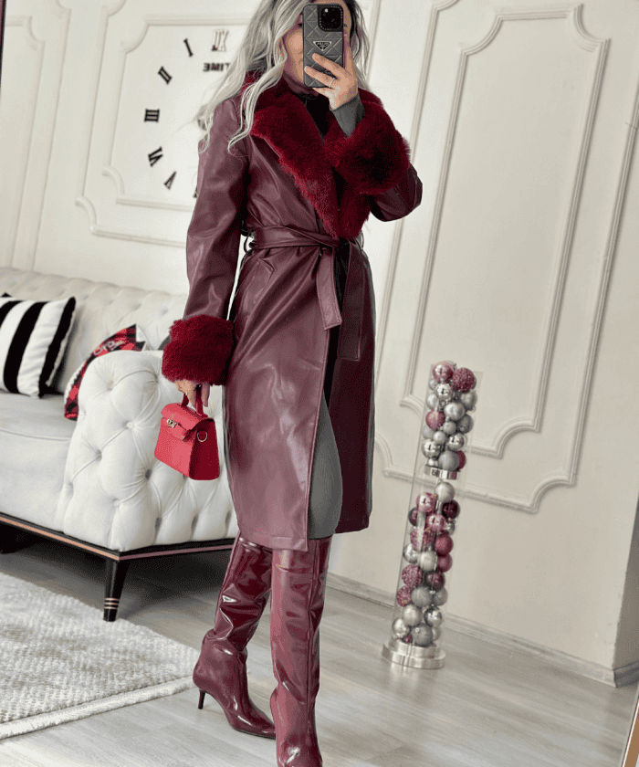 Yaka Kol Kürk Detaylı Deri Kaban