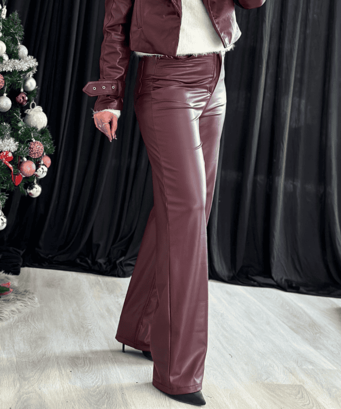 Alternative view of Yüksek Bel Şardonlu Palazzo Deri Pantolon