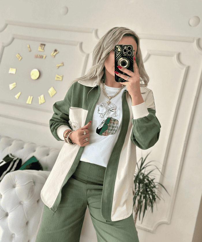 İnci Taş Detaylı İki Renk Spor Ceket