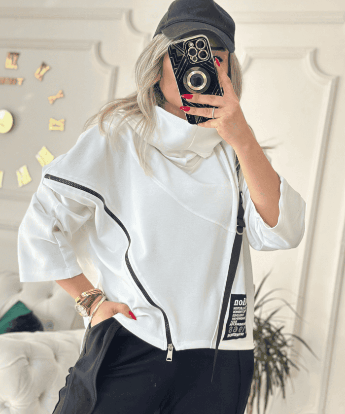 Fermuar Detaylı Tasarım Kapüşonlu Sweat