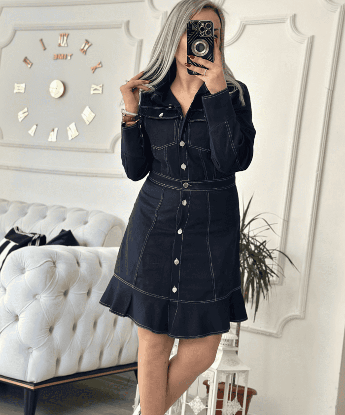 Boydan Düğmeli Kot Elbise