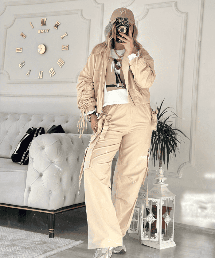 Büzgü Detaylı Taş Renk Tasarım İkili Takım