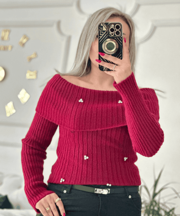 Taşlı Madonna Yaka Triko Kazak Standart Beden