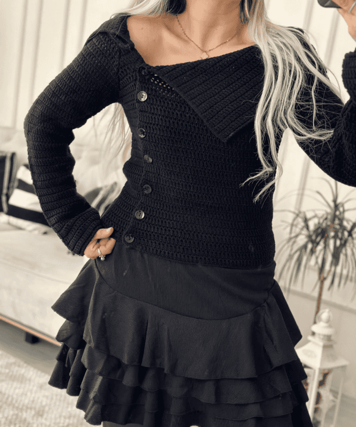 Asimetrik Düğmeli Triko Bluz Standart Beden