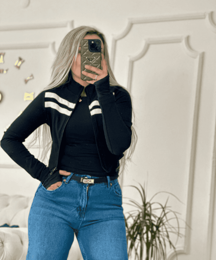 Çizgili Spor Fermuarlı Tek Üst