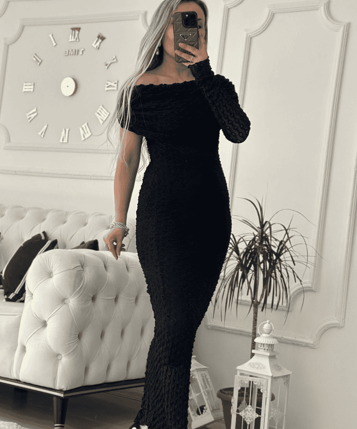 Alternative view of Kayık Yaka Tek Kol Dantel Elbise