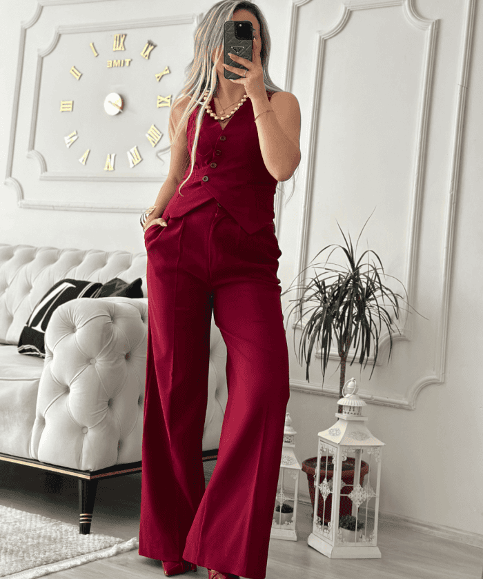 Asimetrik Yelekli Bordo Takım