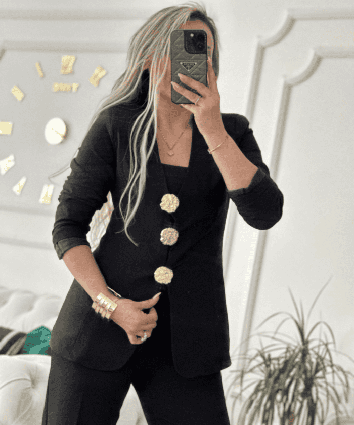 Broş Detaylı Klasik Siyah İkili Takım