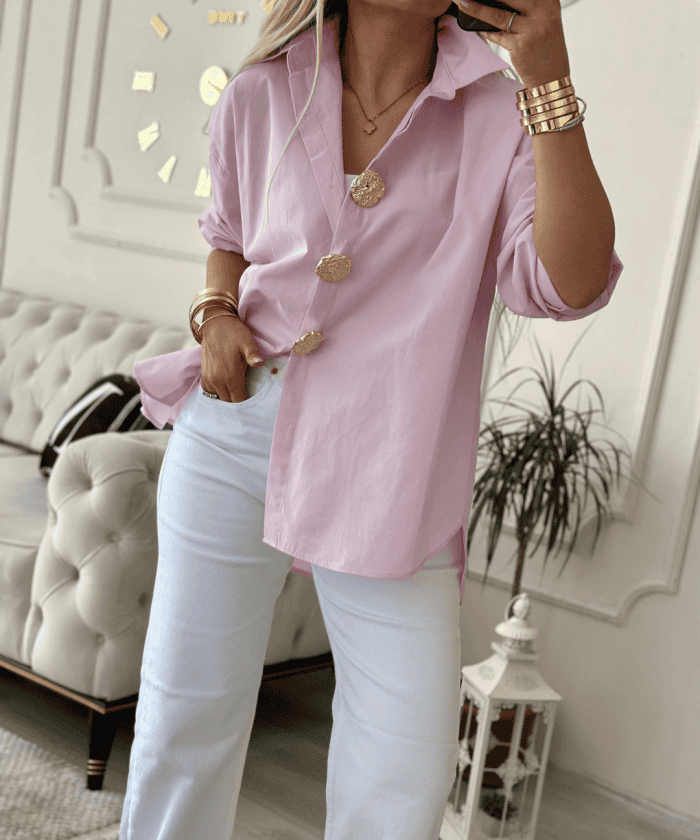 Alternative view of Oversize Broş Detaylı Pembe Gömlek