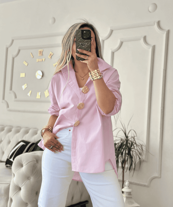 Oversize Broş Detaylı Pembe Gömlek