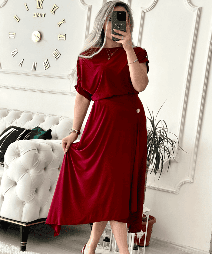 Asimetrik Candy Kumaş Bordo Etekli Takım