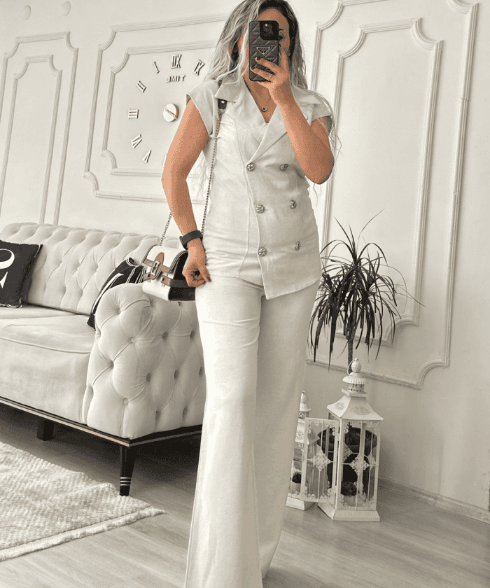 Alternative view of Kruvaze Düğme Detaylı Keten İkili Takım