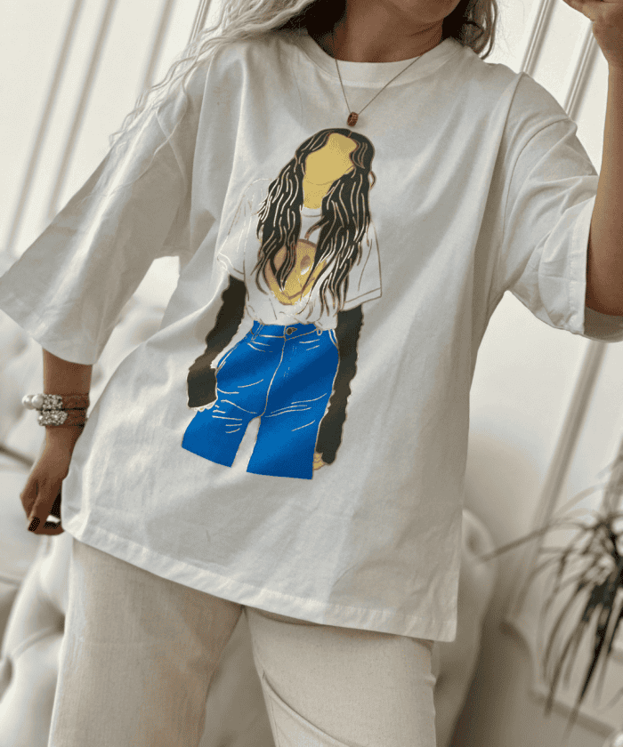 Alternative view of Standart Beden Oversize Bayan Baskılı T-shirt