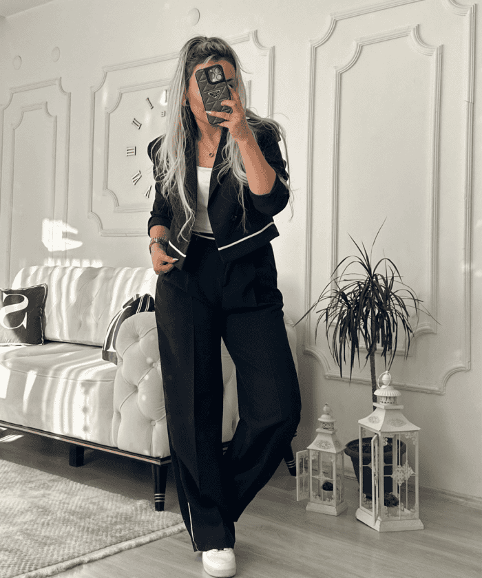 Şeritli Mini Ceketli İkili Takım