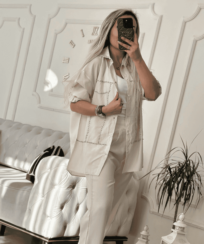 Alternative view of Taş Detaylı İpek Keten İkili Takım