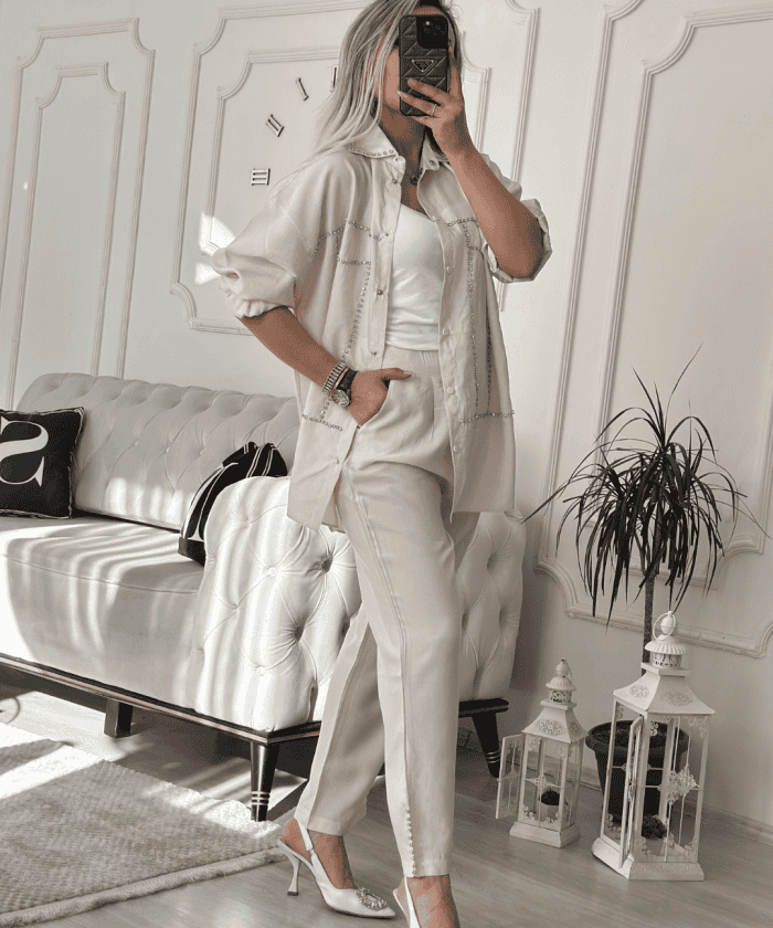 Taş Detaylı İpek Keten İkili Takım