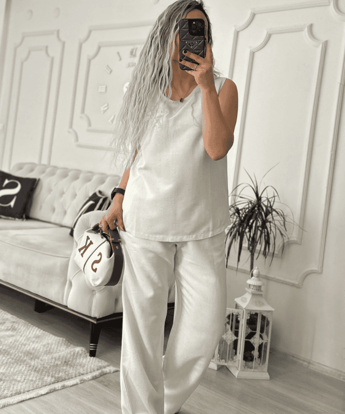 Standart Beden Taş İşleme Detaylı Keten İkili Takım