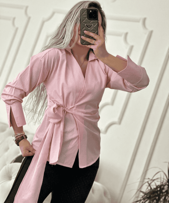 Kuşaklı Çizgili Asimetrik Gömlek