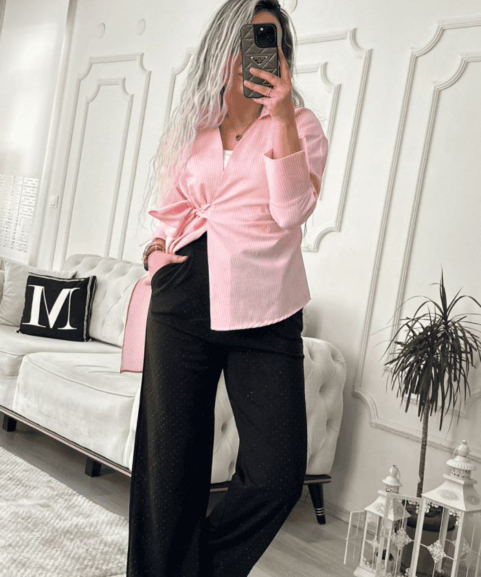 Alternative view of Kuşaklı Çizgili Asimetrik Gömlek