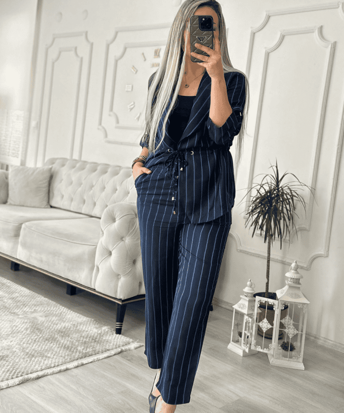 Elegant Lacivert Çizgili İkili Takım