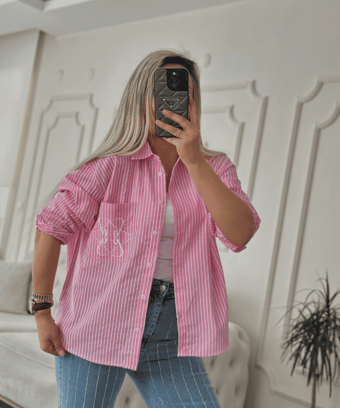 Alternative view of Nakış Detaylı Çizgili Keten Gömlek