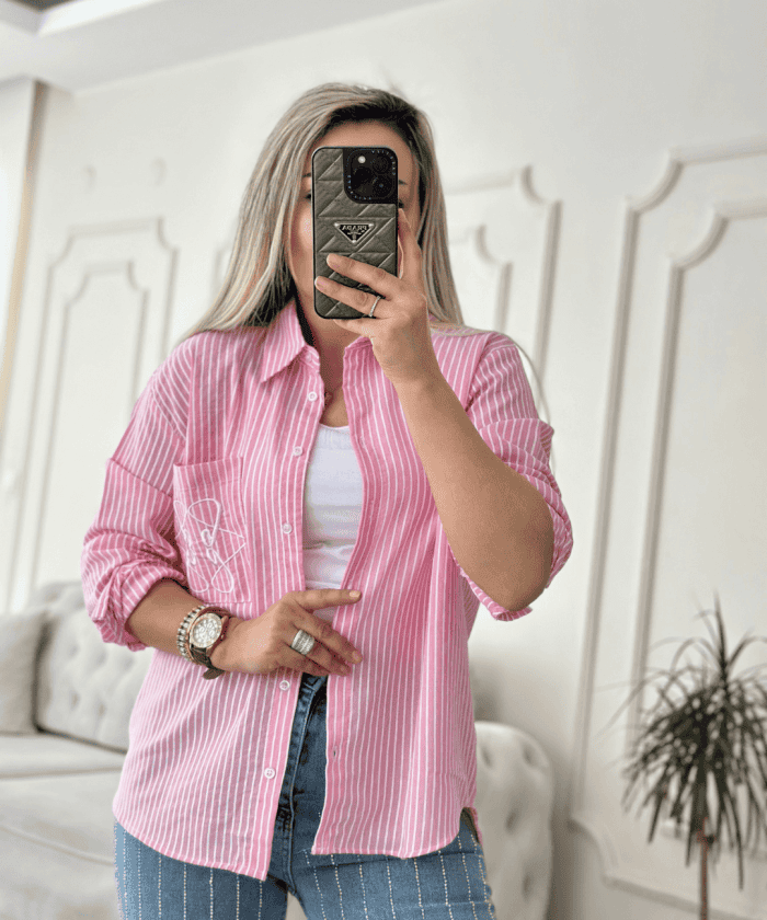 Nakış Detaylı Çizgili Keten Gömlek