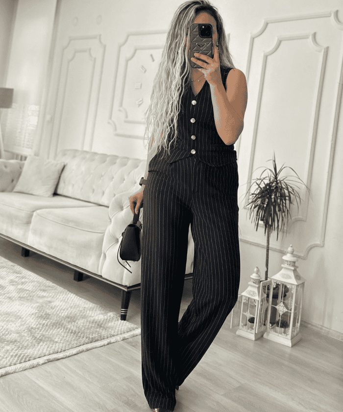 Alternative view of Nazsu Siyah Çizgili Esnek Yelekli İkili Takım