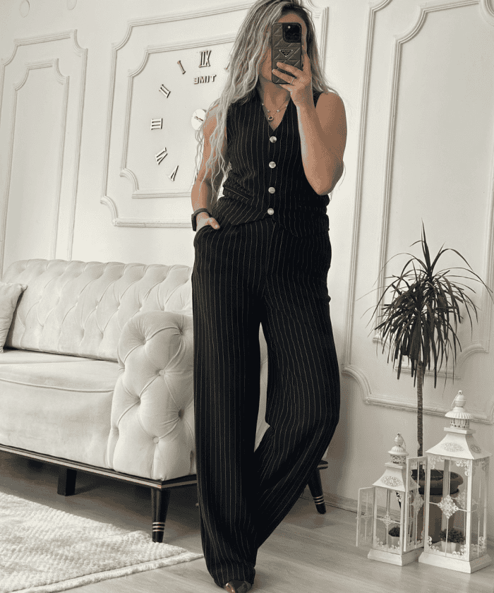 Nazsu Siyah Çizgili Esnek Yelekli İkili Takım