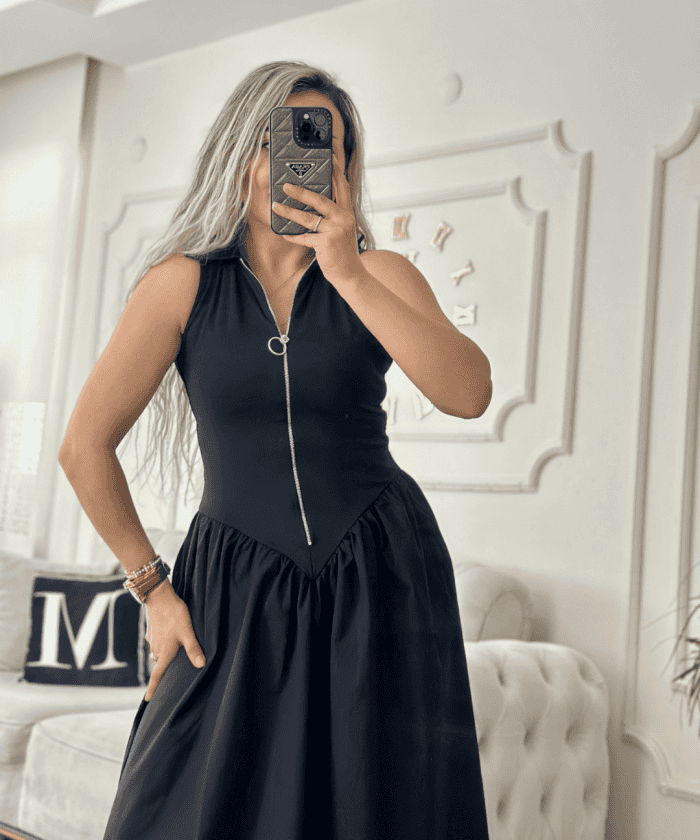 Alternative view of Tafta Etekli Fermuarlı Elbise