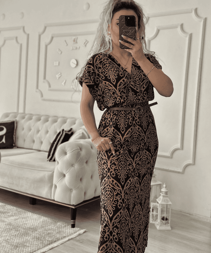 Alternative view of Etnik Desen Kruvaze Yaka Kemerli Elbise