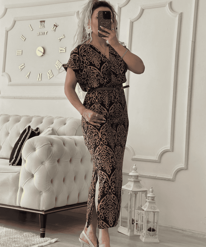 Etnik Desen Kruvaze Yaka Kemerli Elbise