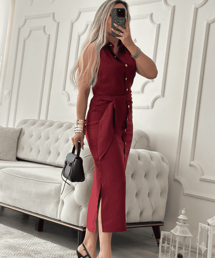 Bordo Detaylı Bordo Gömlek Elbise
