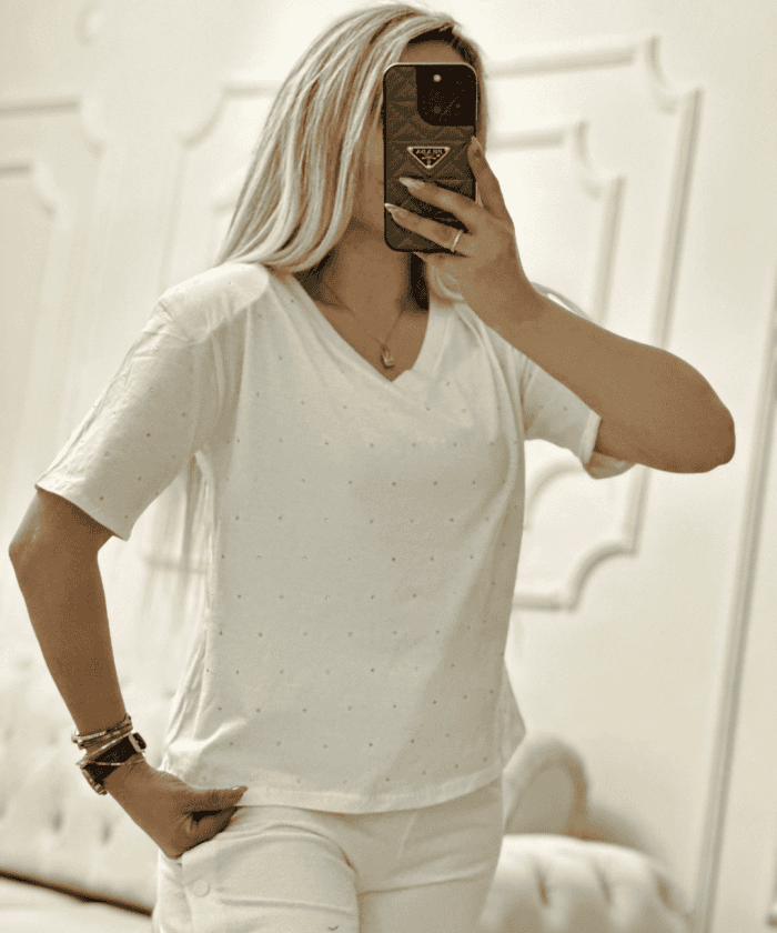 Vatkalı Taşlı V Yaka T-Shirt