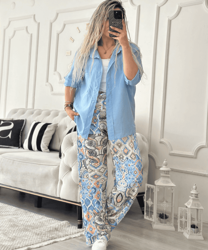 İpek Saten Beli Lastikli Desenli Tek Alt