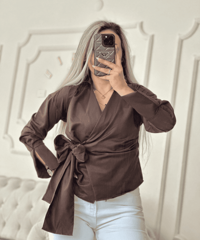 Alternative view of Kruvaze Bağlamalı Düz Renk Keten Gömlek