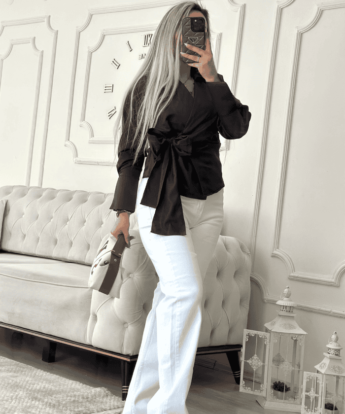 Kruvaze Bağlamalı Düz Renk Keten Gömlek