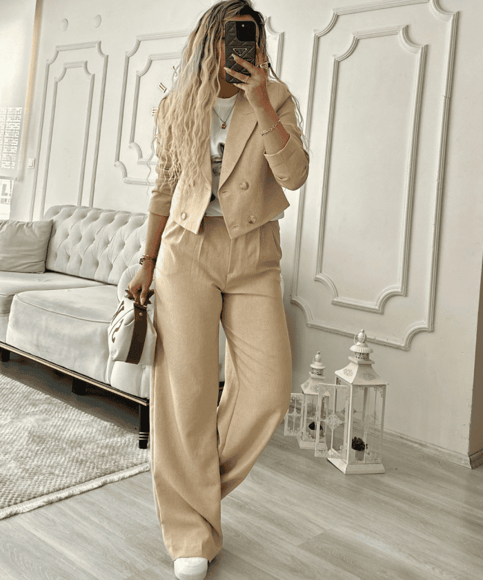 Kısa Ceket Detaylı Palazzo Takım