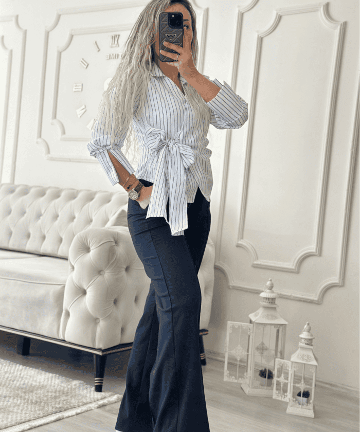 Kruvaze Lacivert Çizgili Gömlek